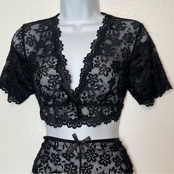 Black Stretch Lace 2 Piece Sexy Intimates Size Large - Picture 3 of 6